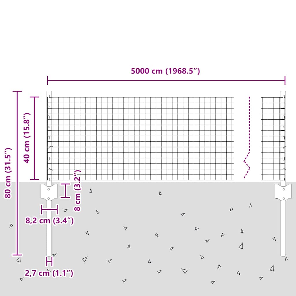 vidaXL Συρμάτινος φράκτης με 22 υποστηρίγματα Γκρι 0.4x50 μ Χάλυβας