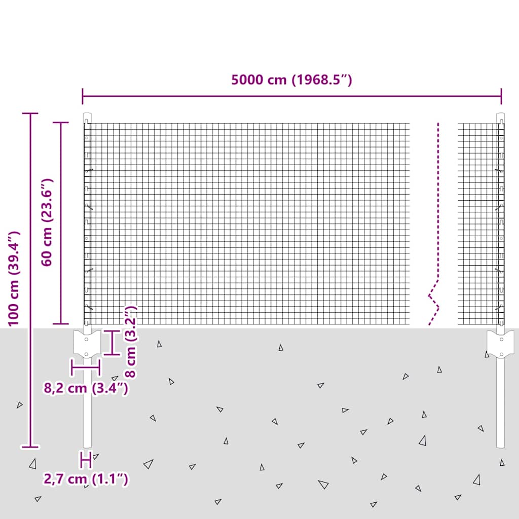 vidaXL Συρματόπλεγμα με Στυλίς 50 x 0,6 μ PVC-Επικαλυμμένο Ατσάλι Γκρι