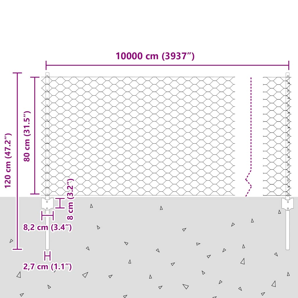 vidaXL Τείχος και Πόστ Ασημί 0,8 x 100 μ Ατσάλι