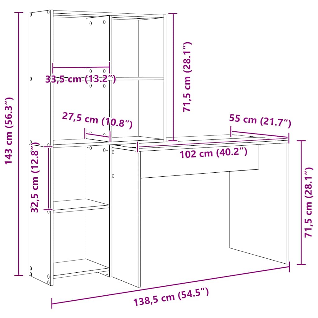 vidaXL Γραφείο με ράφι Λευκό 138.5 x 55 x 143 εκ Επεξεργασμένο ξύλο