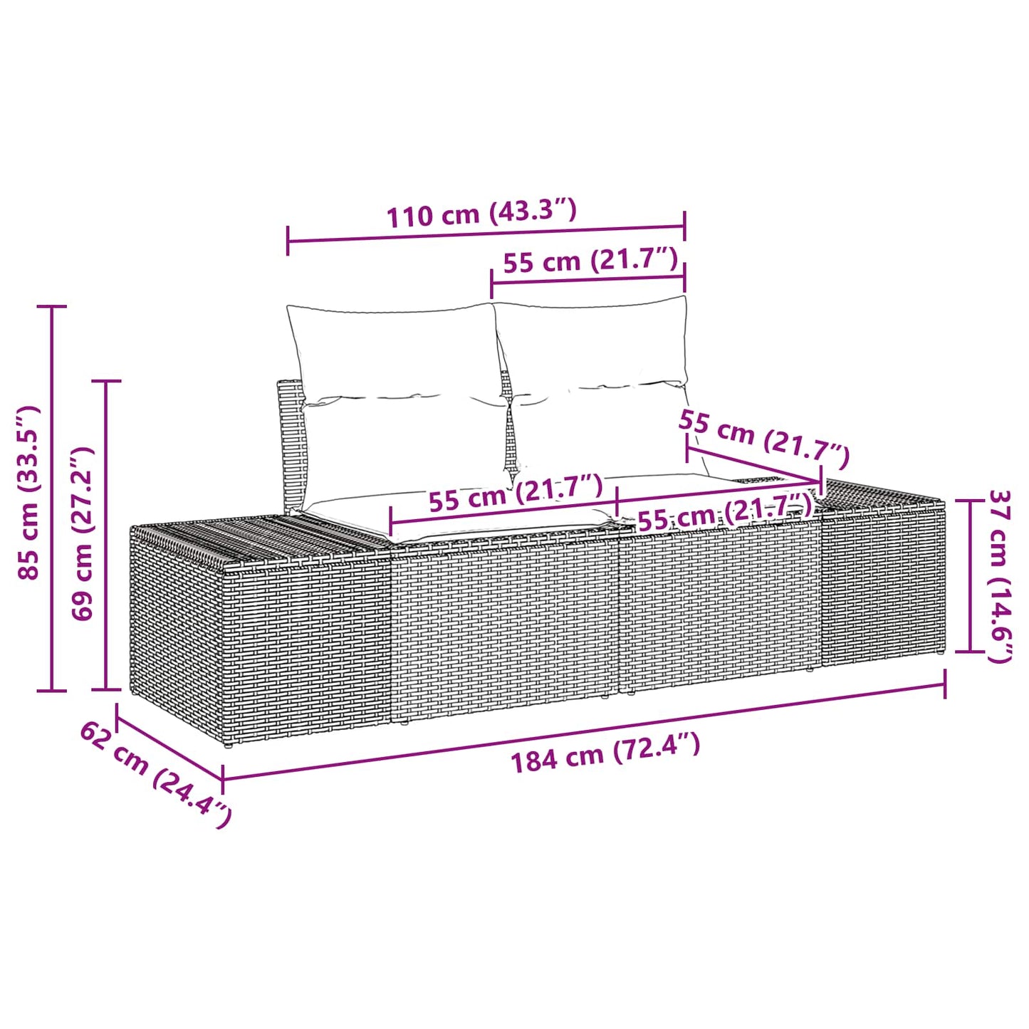 vidaXL Καναπές Κήπου με μαξιλάρι 184 x 62 x 69 εκ. συνθετικό ρατάν