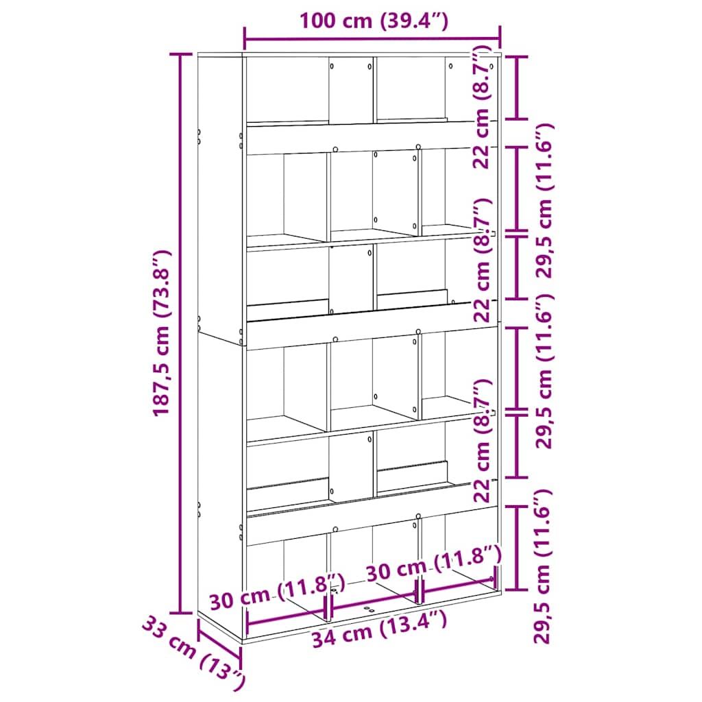 vidaXL Βιβλιοθήκη Μαύρη δρυς 100 x 33 x 187.5 εκ. Επεξεργασμένο ξύλο