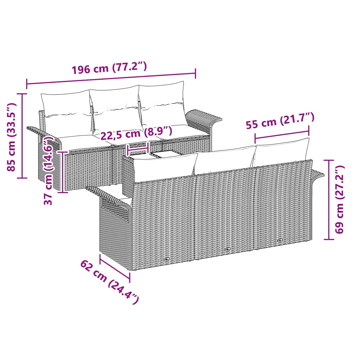 vidaXL Σετ Καναπέ Κήπου με μαξιλάρι 7 pcs Γκρι συνθετικό ρατάν