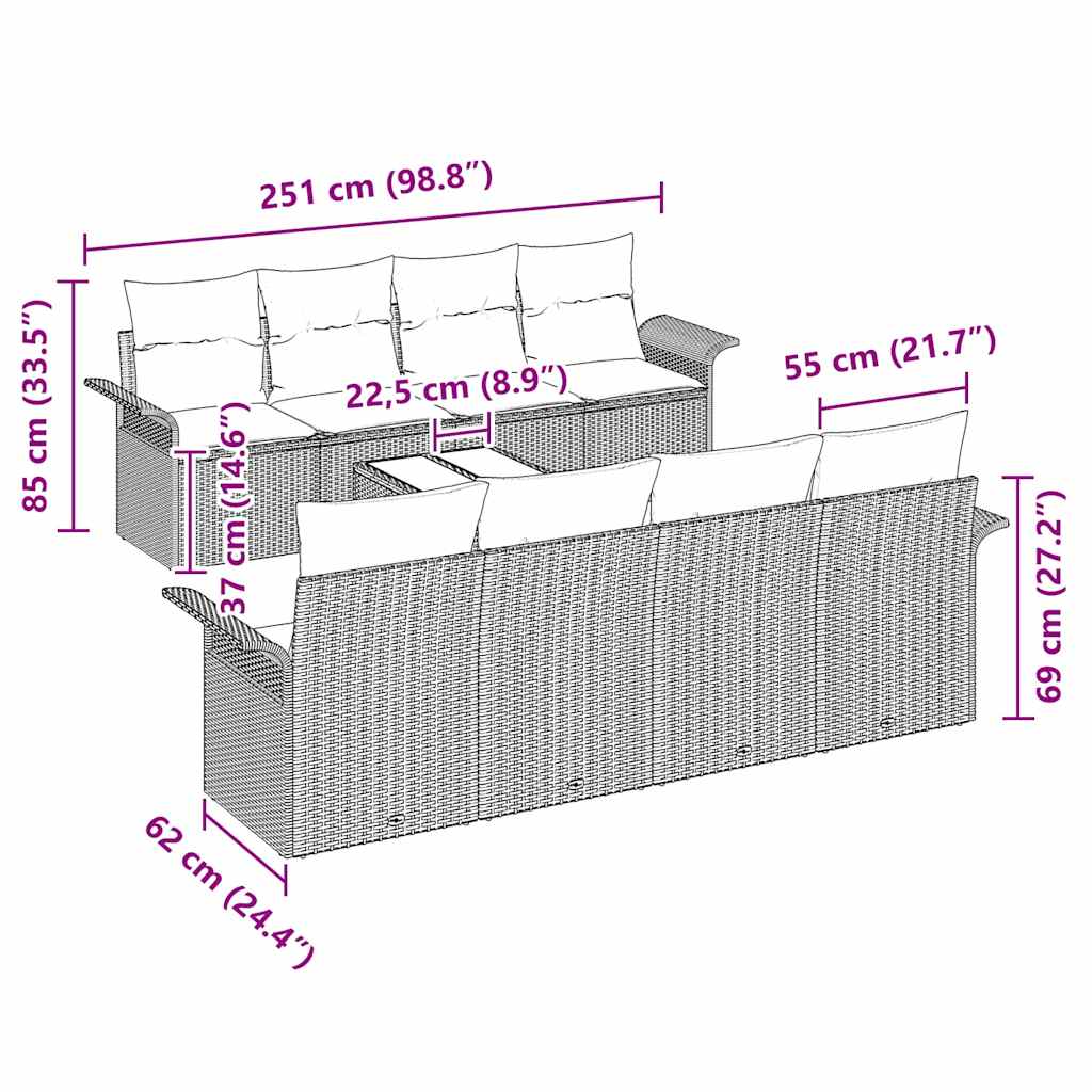 vidaXL Σετ Καναπέ Κήπου 9 Τεμαχίων με Μαξιλάρια Μαύρο Πολυ Ρατάν