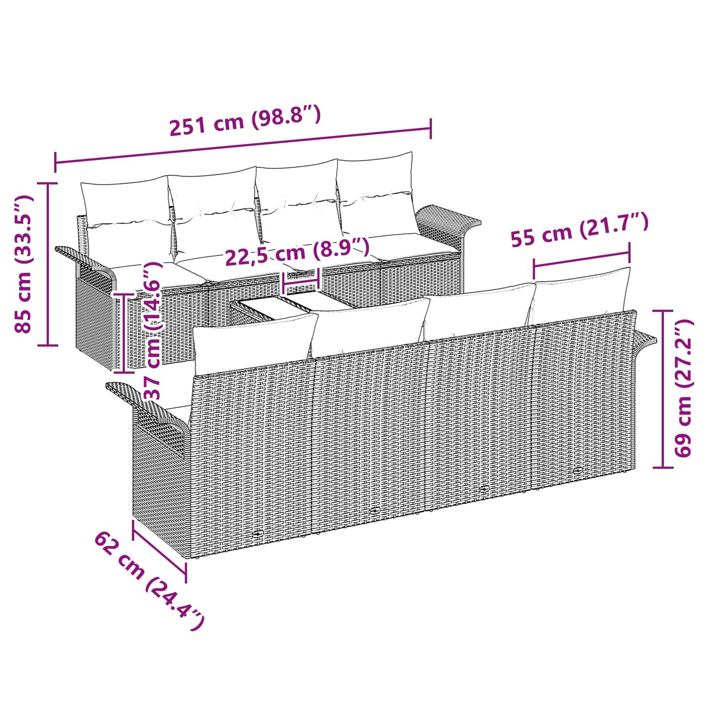 vidaXL Σετ Καναπέ Κήπου με μαξιλάρι 9 pcs Γκρι συνθετικό ρατάν