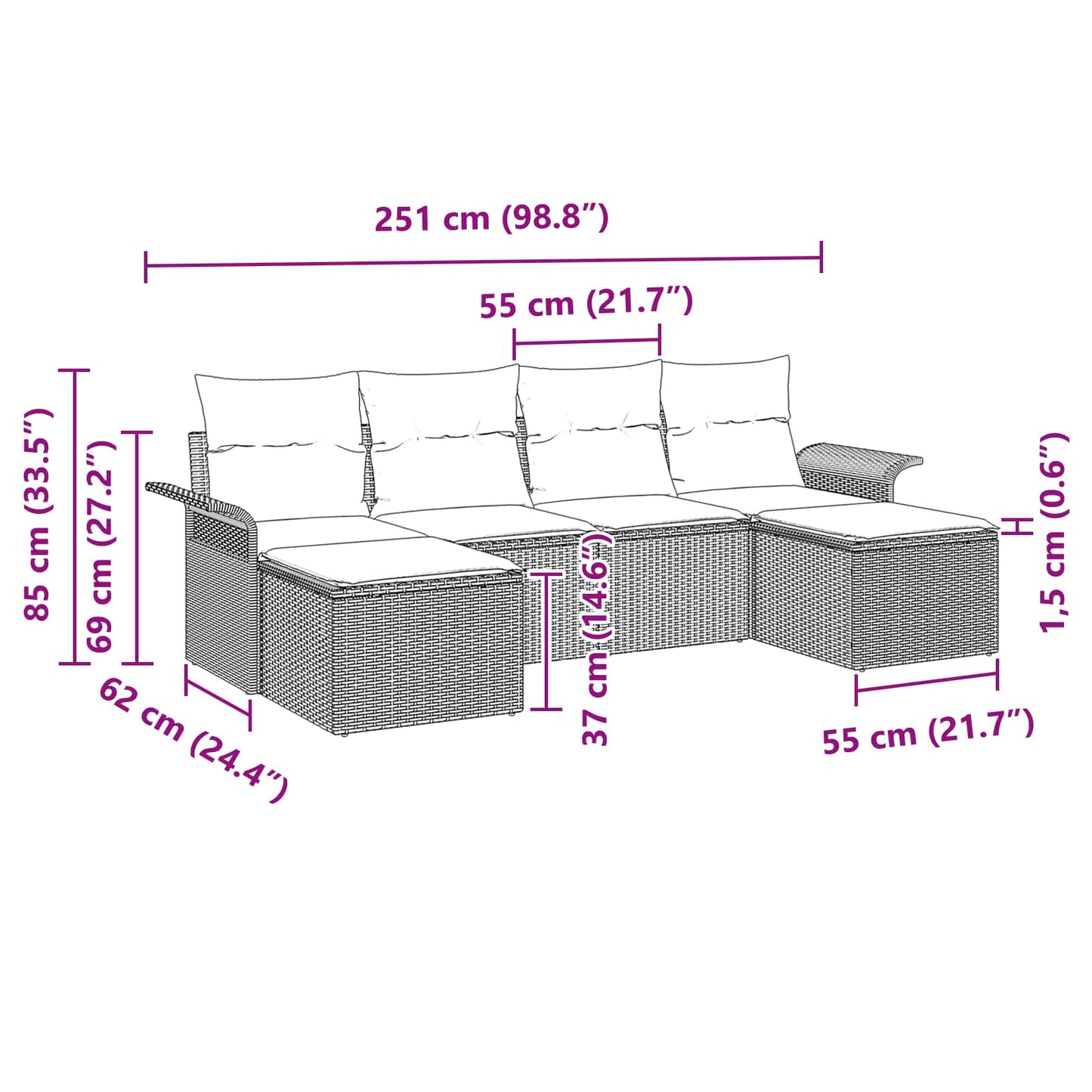vidaXL Σετ Καναπέ Κήπου με μαξιλάρι 6 pcs Γκρι συνθετικό ρατάν