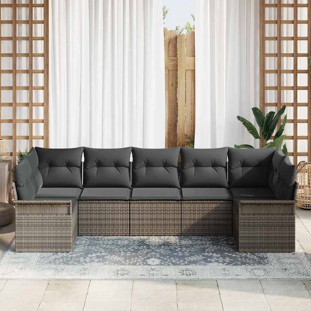 vidaXL Σετ Καναπέ Κήπου 7 Κομματιών με Μαξιλάρια Γκρι Πολυ Ρατάν