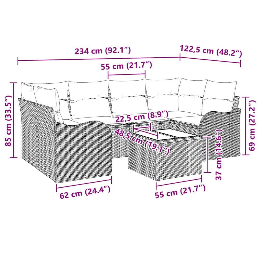 Σετ Κήπου vidaXL 7 τεμαχίων με Μαξιλάρια Γκρι Πολυ Ρατάν, Διθέσιος Καναπές Κήπου vidaXL με Μαξιλάρια Γκρι Πολυ Ρατάν