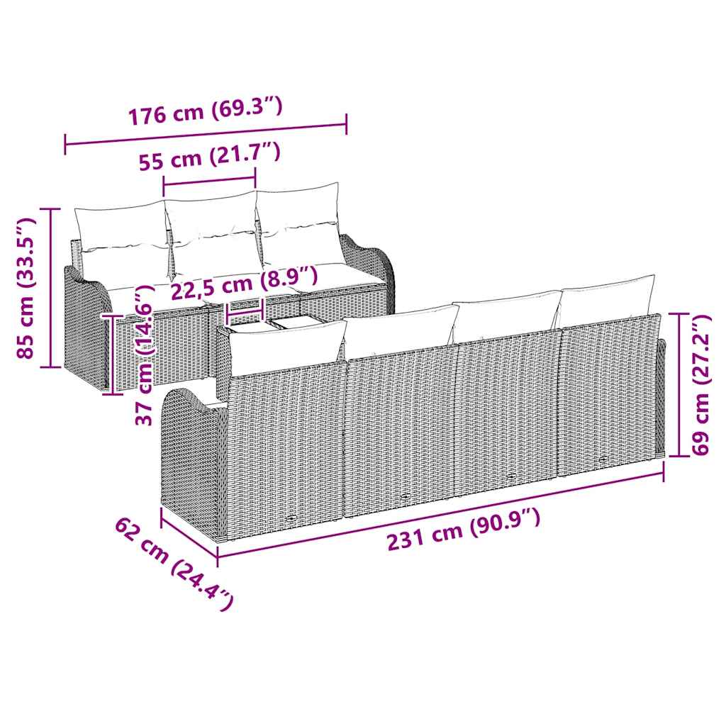 vidaXL Σετ 8 κομματιών καναπέ κήπου με μαξιλάρια Καφέ Πολυ ρατάν