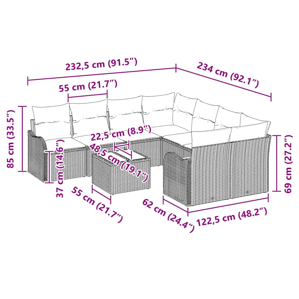 vidaXL Σετ Σαλονιού Κήπου 9 Τεμαχίων με Μαξιλάρια Μπεζ Πολυ Ρατάν, vidaXL Δίθεσιος Καναπές Κήπου με Μαξιλάρια Μπεζ Πολυ Ρατάν