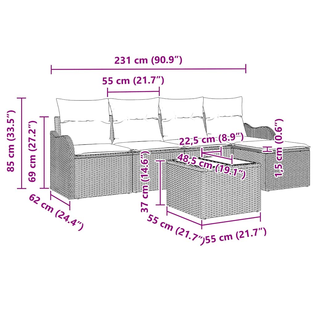 vidaXL Σετ Καναπέ Κήπου 5 Τεμαχίων με Μαξιλάρια Μαύρο Πολυ Ρατάν, vidaXL Καναπές Κήπου 2 Θέσεων με Μαξιλάρια Γκρι Πολυ Ρατάν