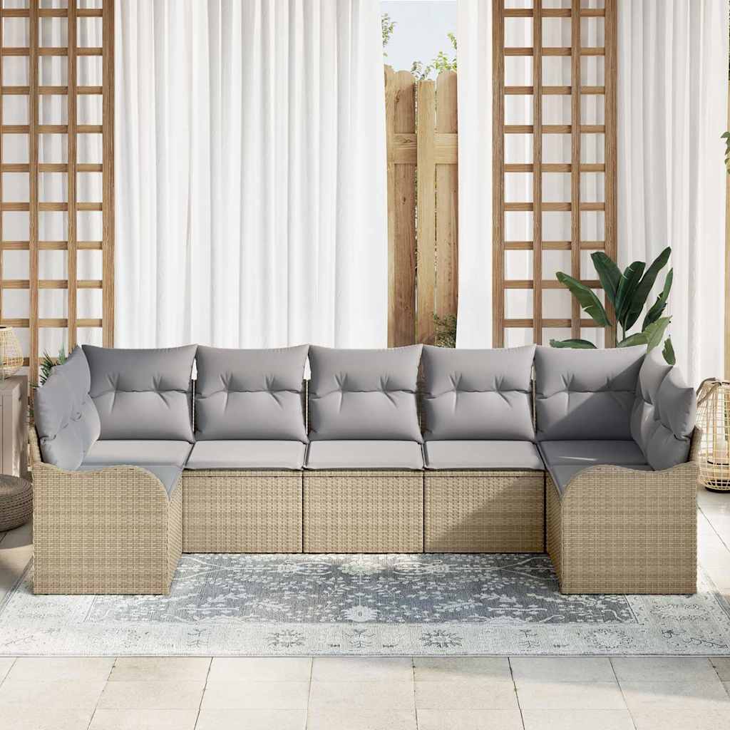 Σετ Καναπέ 7 κομματιών vidaXL με Μαξιλάρια Μπεζ Πολυεστερικό Ρατάν