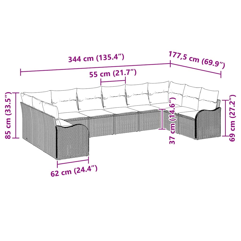 vidaXL 10 Τεμαχίων Καναπές Κήπου με Μαξιλάρια Γκρι Πολυ-Ρατάν, vidaXL 2 Θέσεων Καναπές Κήπου με Μαξιλάρια Γκρι Πολυ-Ρατάν