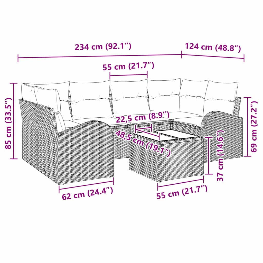 vidaXL Σετ 7 Τεμαχίων Σαλονάκι Κήπου με Μαξιλάρια Γκρι Πολυ Ρατάν