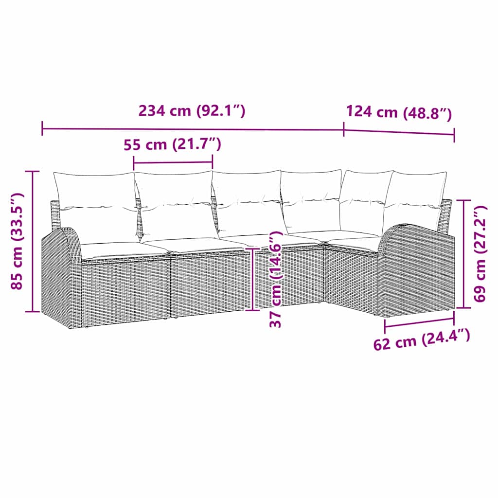 vidaXL Σετ Σαλονιού 5 Τμχ με Μαξιλάρια Σκούρο Γκρι Πολυ Ρατάν