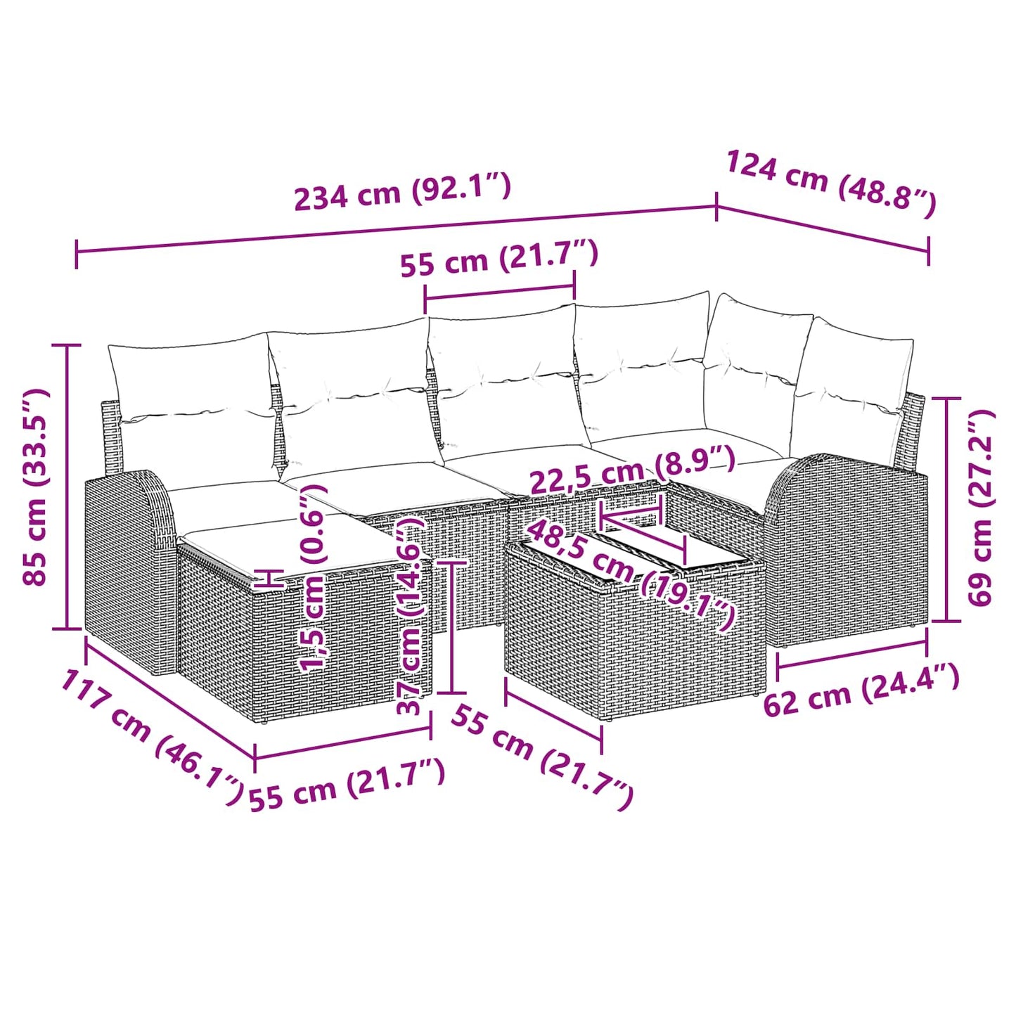 vidaXL Σετ Καναπέ Κήπου με μαξιλάρι 7 pcs Καφέ Πολυ Ρατάν