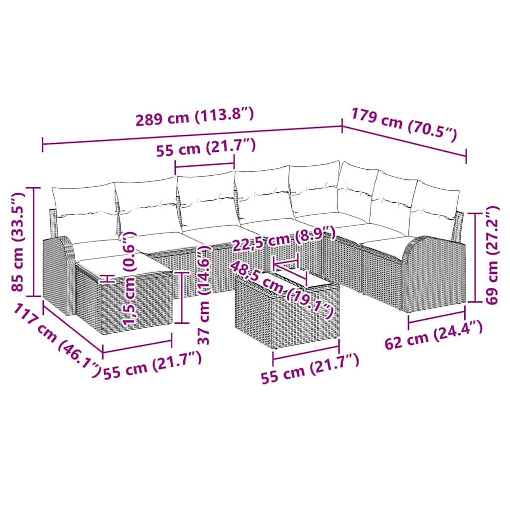 vidaXL Σετ Καναπέ Κήπου με μαξιλάρι 9 pcs Ανοιχτό γκρι Πολυ ράταν