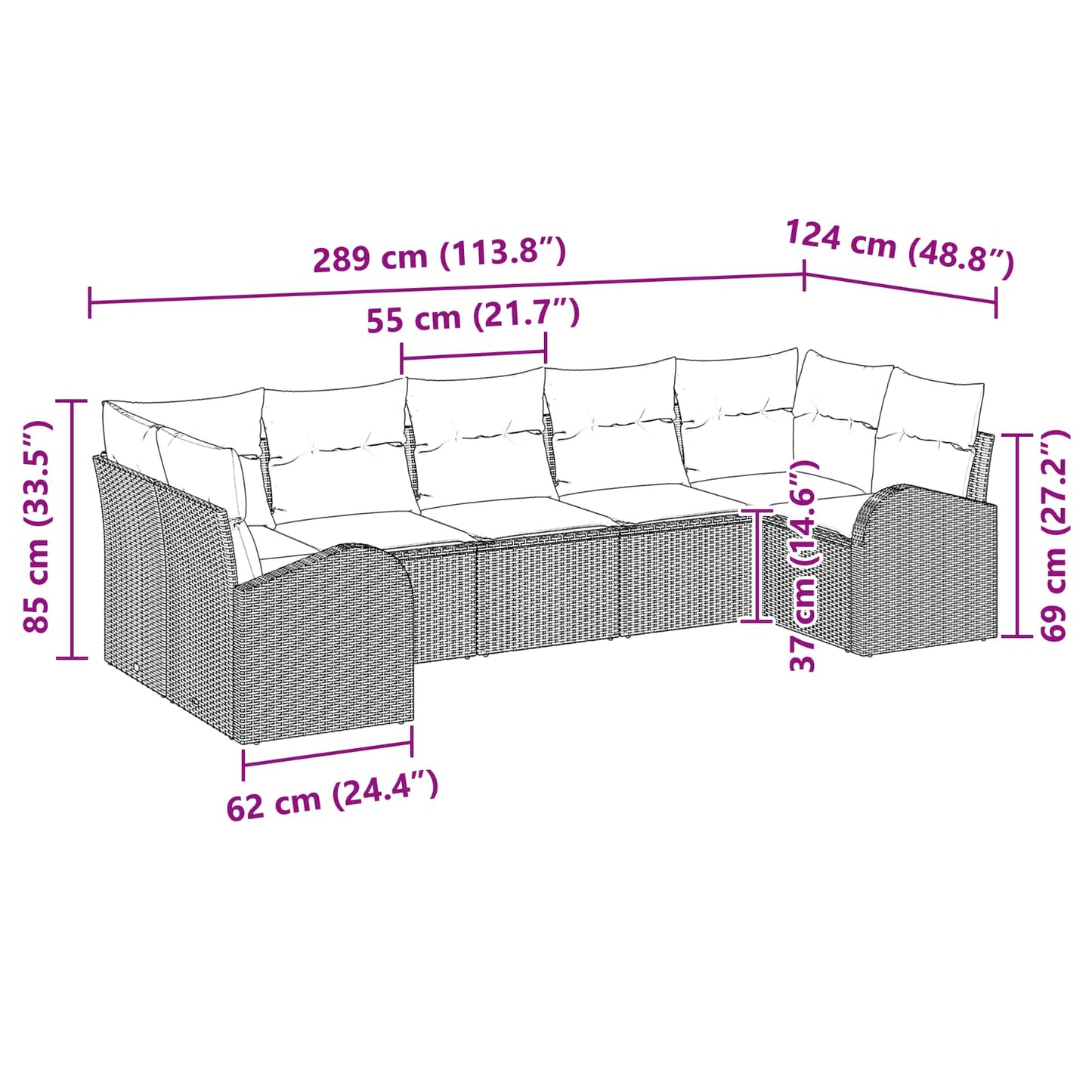 vidaXL Σετ Καναπέ Κήπου με μαξιλάρι 7 pcs Καφέ Πολυ Ρατάν