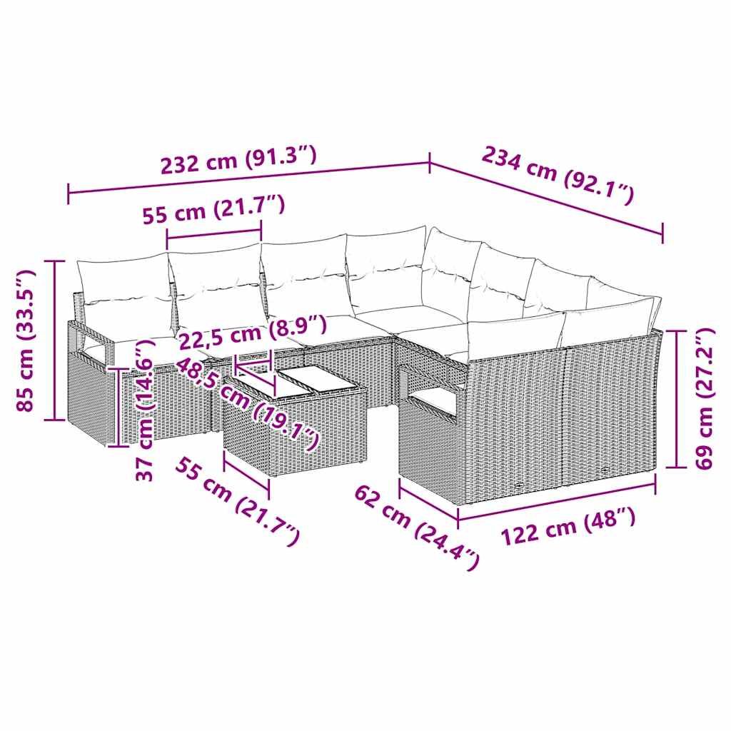 Σετ Καναπέ Κήπου 9 κομματιών με Μαξιλάρια Μπεζ Πολυ Ρατάν