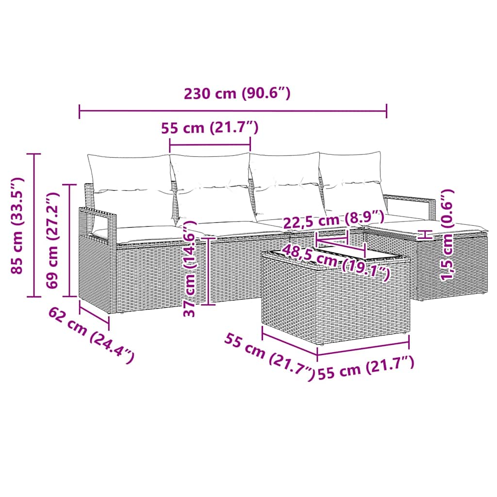 vidaXL Σετ Καναπέ Κήπου 6 τεμαχίων με μαξιλάρια Μαύρο Πολυ Ρατάν