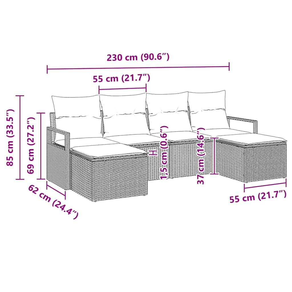 vidaXL Σετ Καναπέ Κήπου 6 Τεμαχίων με Μαξιλάρια Μαύρο Ρατάν