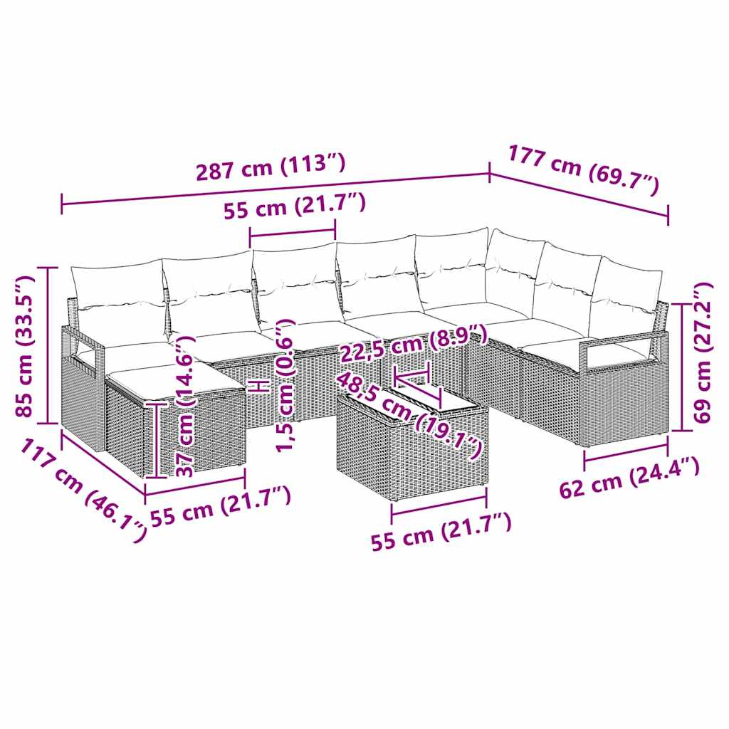 Σετ Καναπέ Κήπου vidaXL 8 τεμαχίων με Μαξιλάρια Μαύρο Poly Rattan, Καναπές Κήπου vidaXL 2-θέσιος με Μαξιλάρια Γκρι Poly Rattan