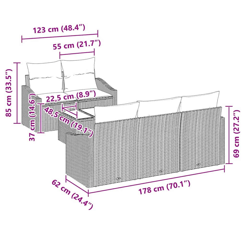 vidaXL Σετ Σαπουνιών Κήπου 6 Τεμαχίων με Μαξιλάρια Μπεζ Πολυ Ρατάν
