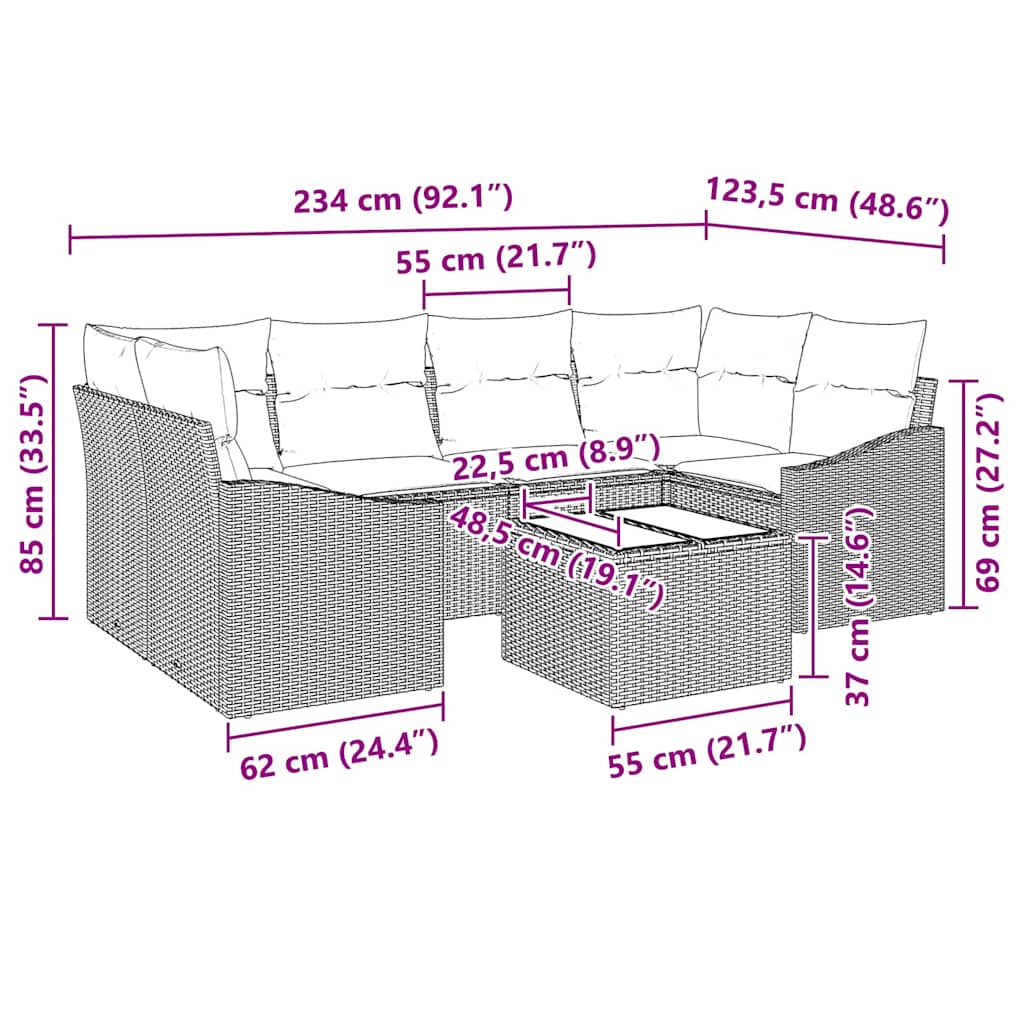 vidaXL Σετ Καναπέ Κήπου 7 Τεμαχίων με Μαξιλάρια Γκρι Πολυ Ρατάν