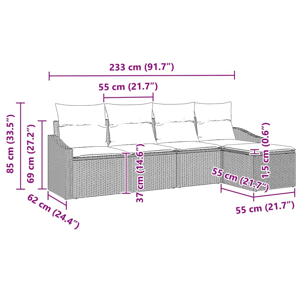 vidaXL 5 κομμάτι Σέτ Καναπέ Κήπου με Μαξιλάρια Μαύρο Πολυ Ρατάν
