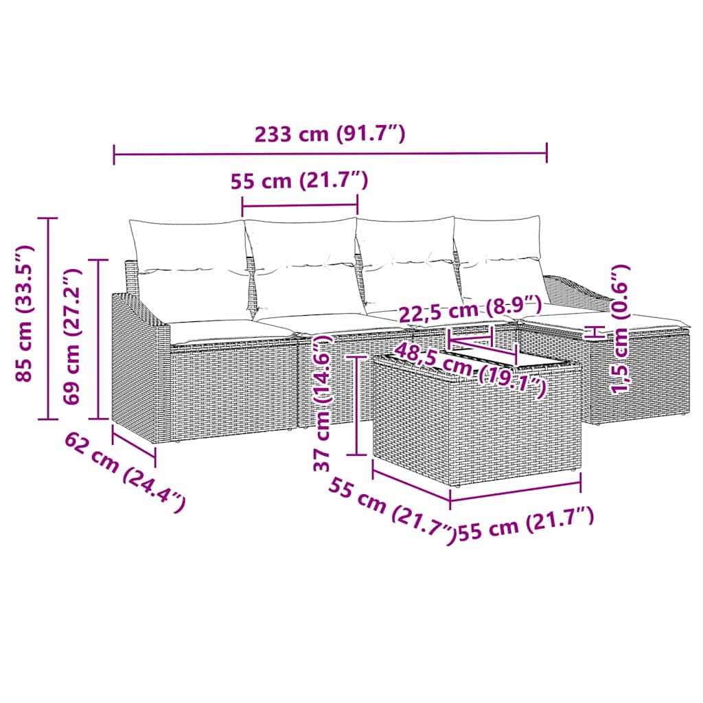 vidaXL σετ καναπέ κήπου 6 τεμαχίων με μαξιλάρια μπεζ από πολυ-ρατάν