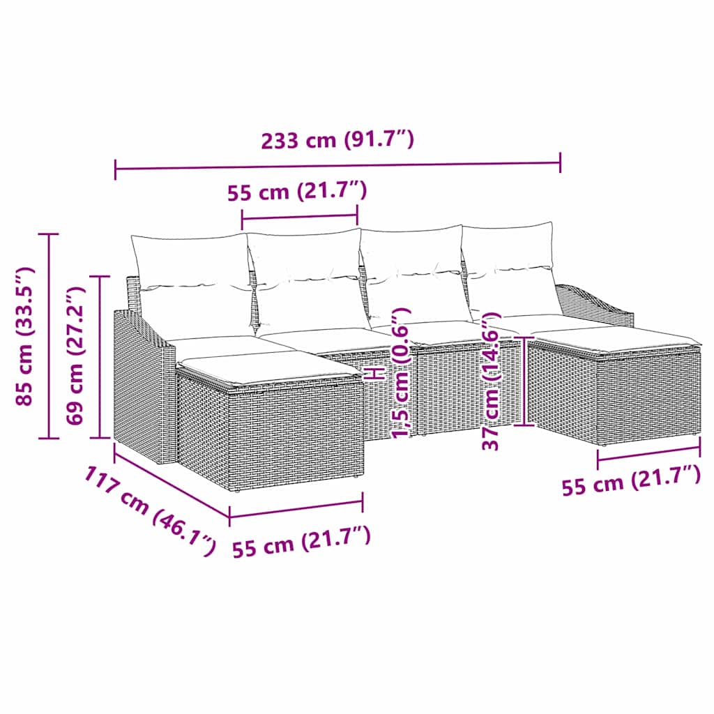 vidaXL Σετ 6 κομματιών κήπου με μαξιλάρια Μπεζ Πολυ Ρατάν