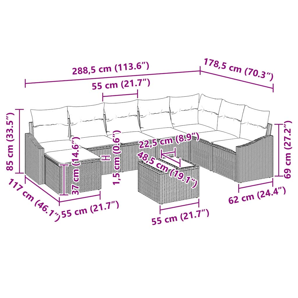 vidaXL Σετ 9 Piece Garden Sofa με Μαξιλάρια Μπεζ Πολυ Ρατάν
