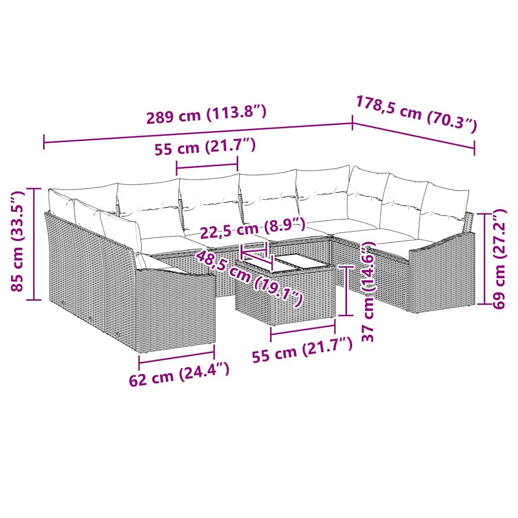 vidaXL Σετ Καναπέ Κήπου 10 pcs Καφέ Πολυ ράταν