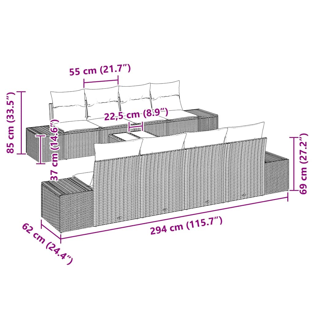vidaXL Καναπές 6 pcs Μαύρο 294 x 62 x 69 εκ. συνθετικό ρατάν