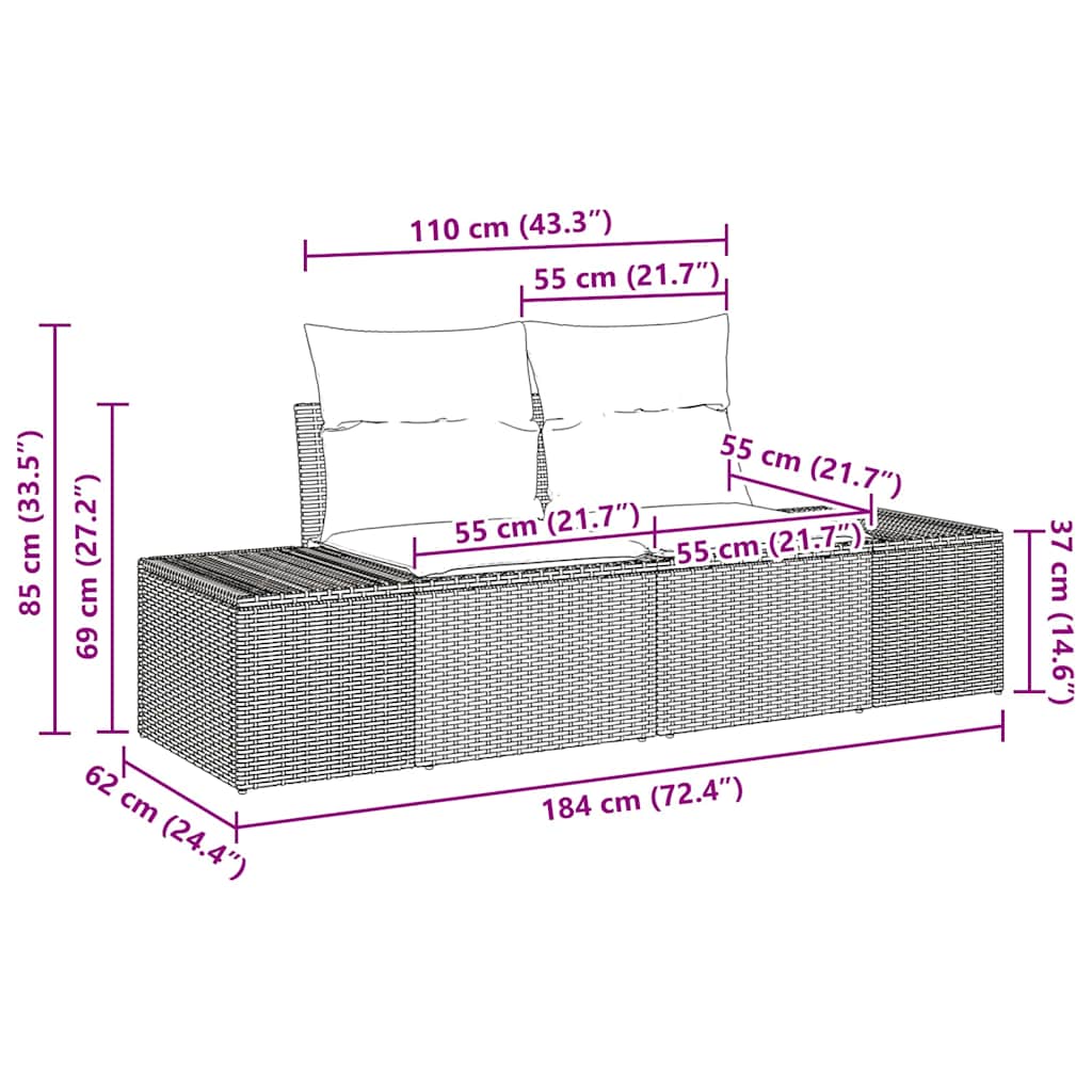 vidaXL Καναπές 6 pcs Μαύρο 294 x 62 x 69 εκ. συνθετικό ρατάν