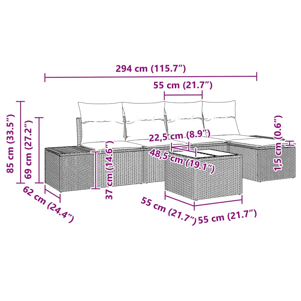 vidaXL Σετ Κήπου 6 Τεμαχίων με Μαξιλάρια Μπράουν Πολυρατάν