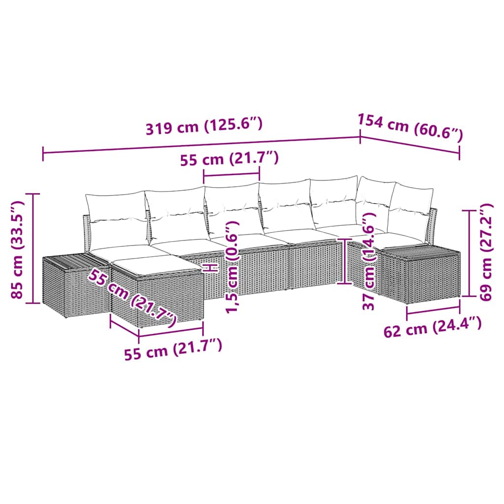vidaXL Σετ Καναπέ Κήπου με μαξιλάρι 7 pcs Μαύρο Πολυ ράταν