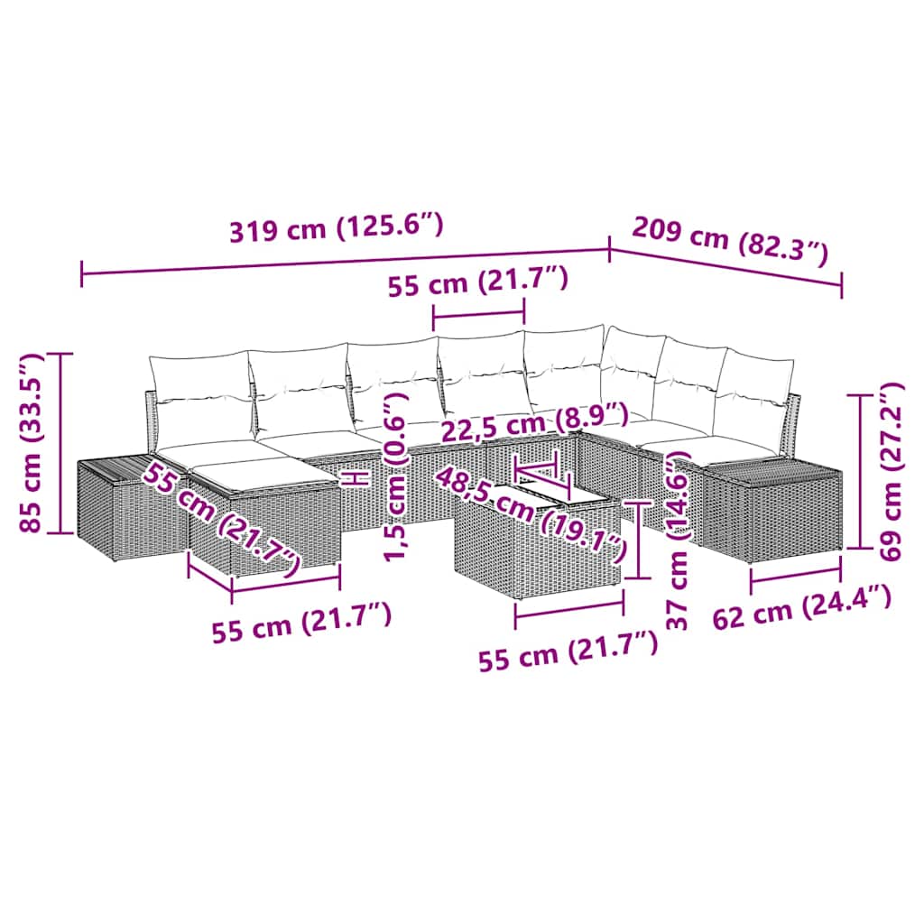 vidaXL Σετ Γωνιακού Καναπέ 8 Τμχ με Μαξιλάρια σε Γκρι Συνθετικό Ρατάν
