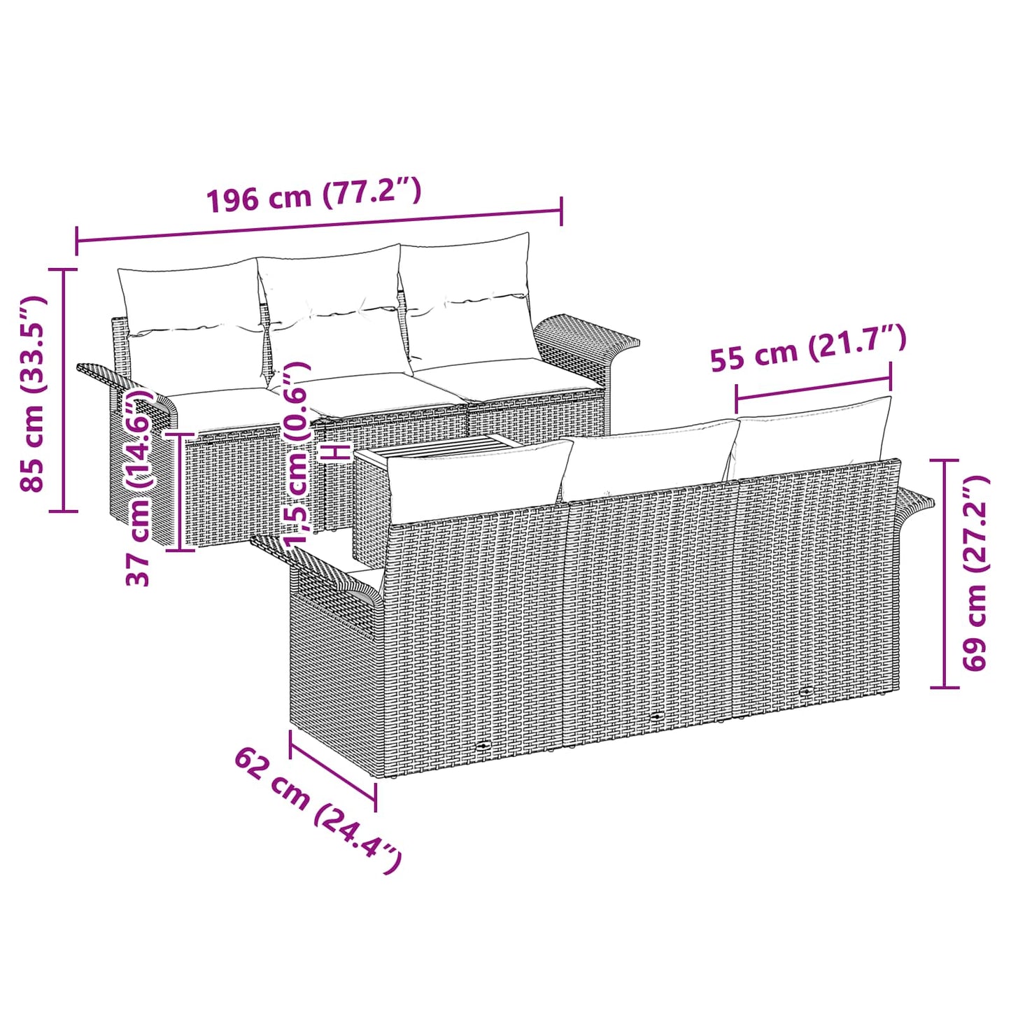vidaXL Σετ Καναπέ Κήπου με μαξιλάρι 7 pcs Γκρι συνθετικό ρατάν