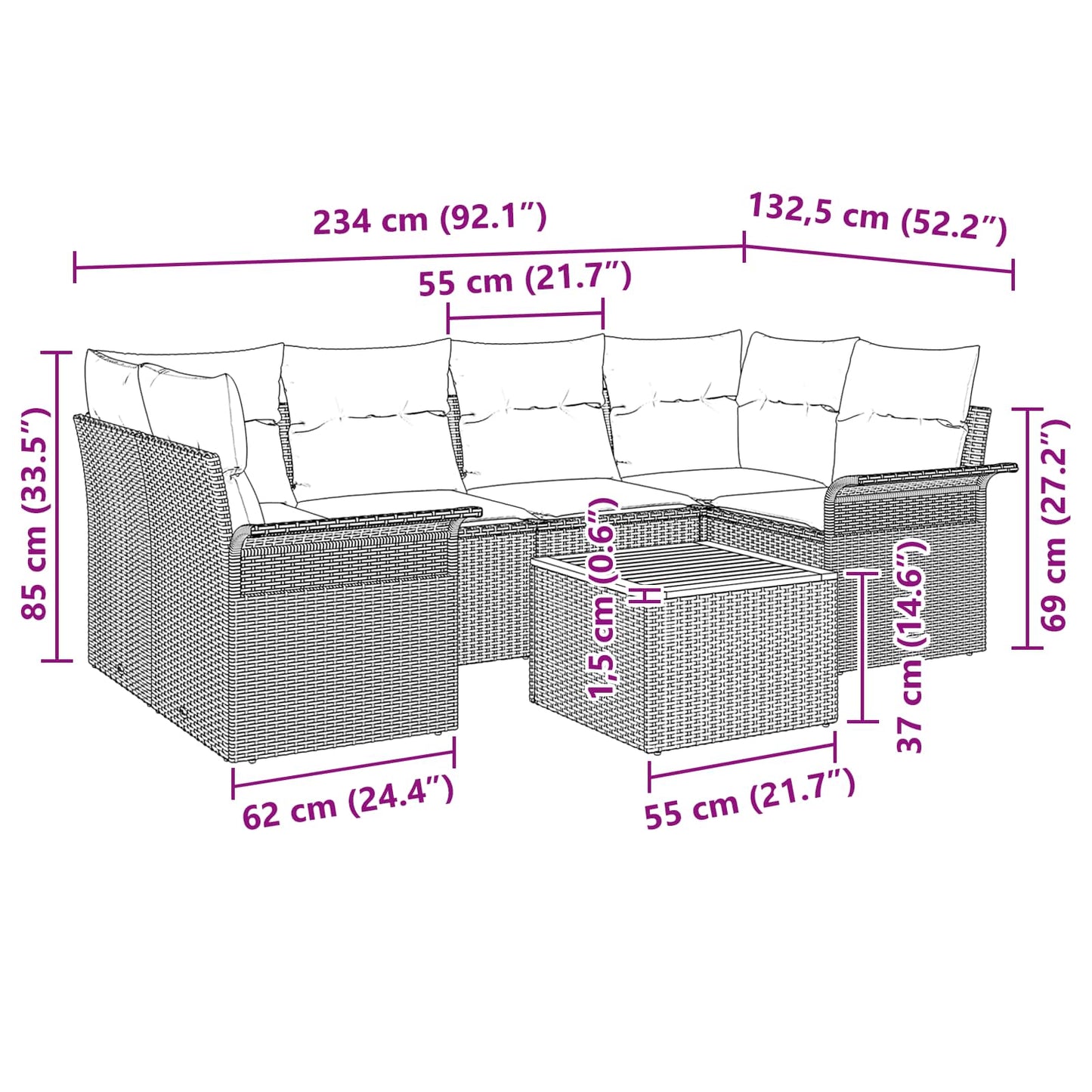 vidaXL Σετ Καναπέ Κήπου με μαξιλάρι 7 pcs Μαύρο συνθετικό ρατάν