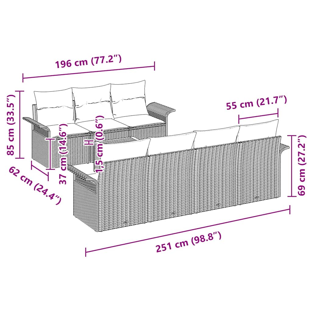 vidaXL Σετ Κήπου 8 Τεμαχίων Με Μαξιλάρια Μπεζ Πολυ Ρατάν Ακακία