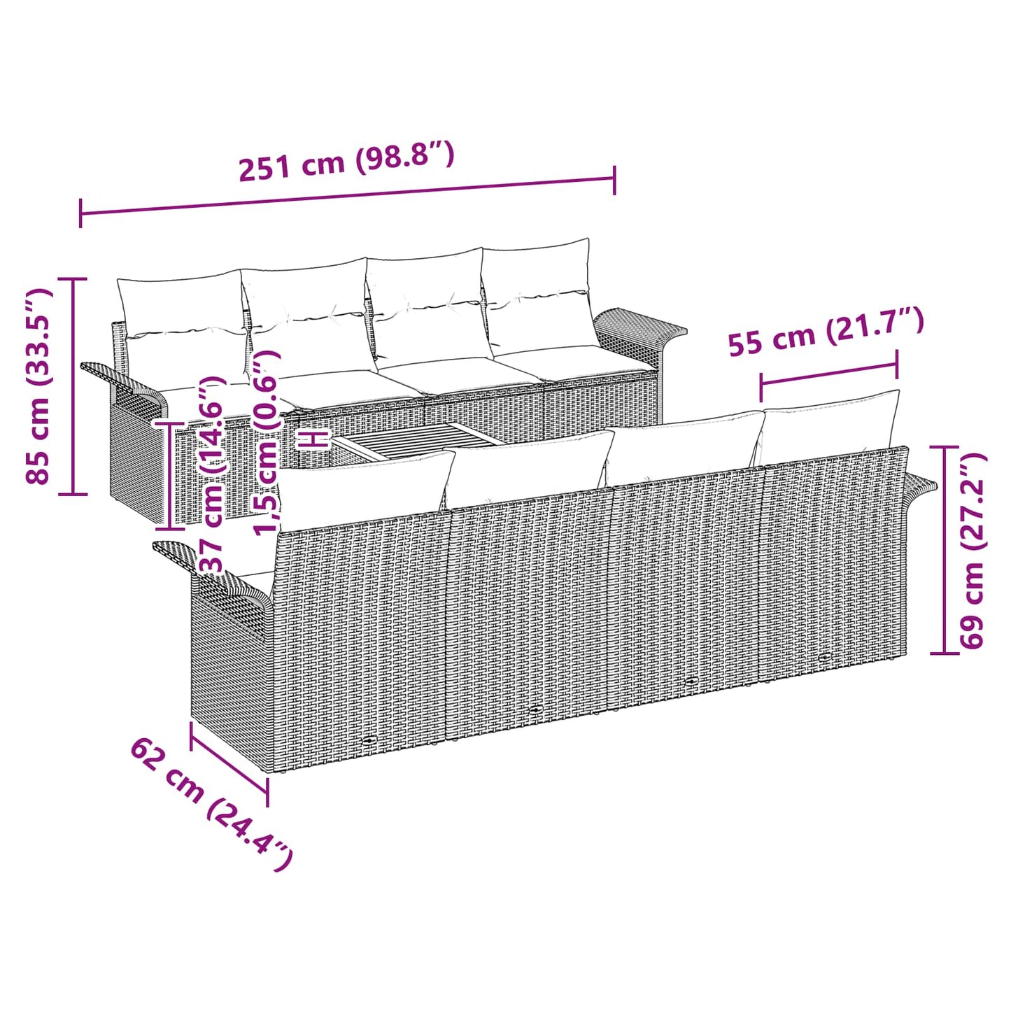 vidaXL Σετ Καναπέ Κήπου με μαξιλάρι 9 pcs Γκρι συνθετικό ρατάν