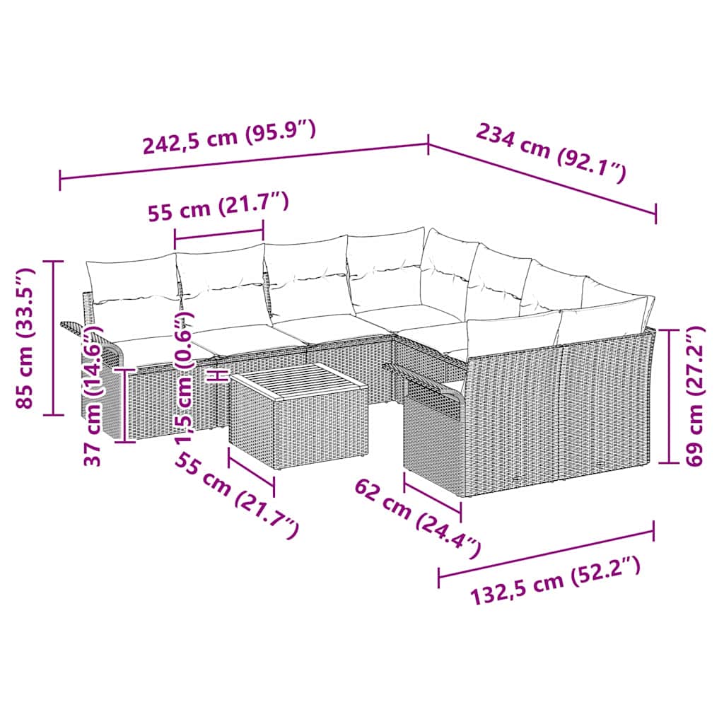 vidaXL Σετ 9 Τεμαχίων Καναπέ Κήπου με Μαξιλάρια Μπεζ Πολυ Ρατάν