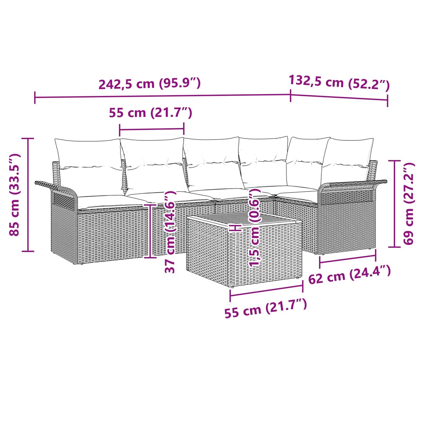 vidaXL Σετ Καναπέ Κήπου με μαξιλάρι 6 pcs Μαύρο συνθετικό ρατάν