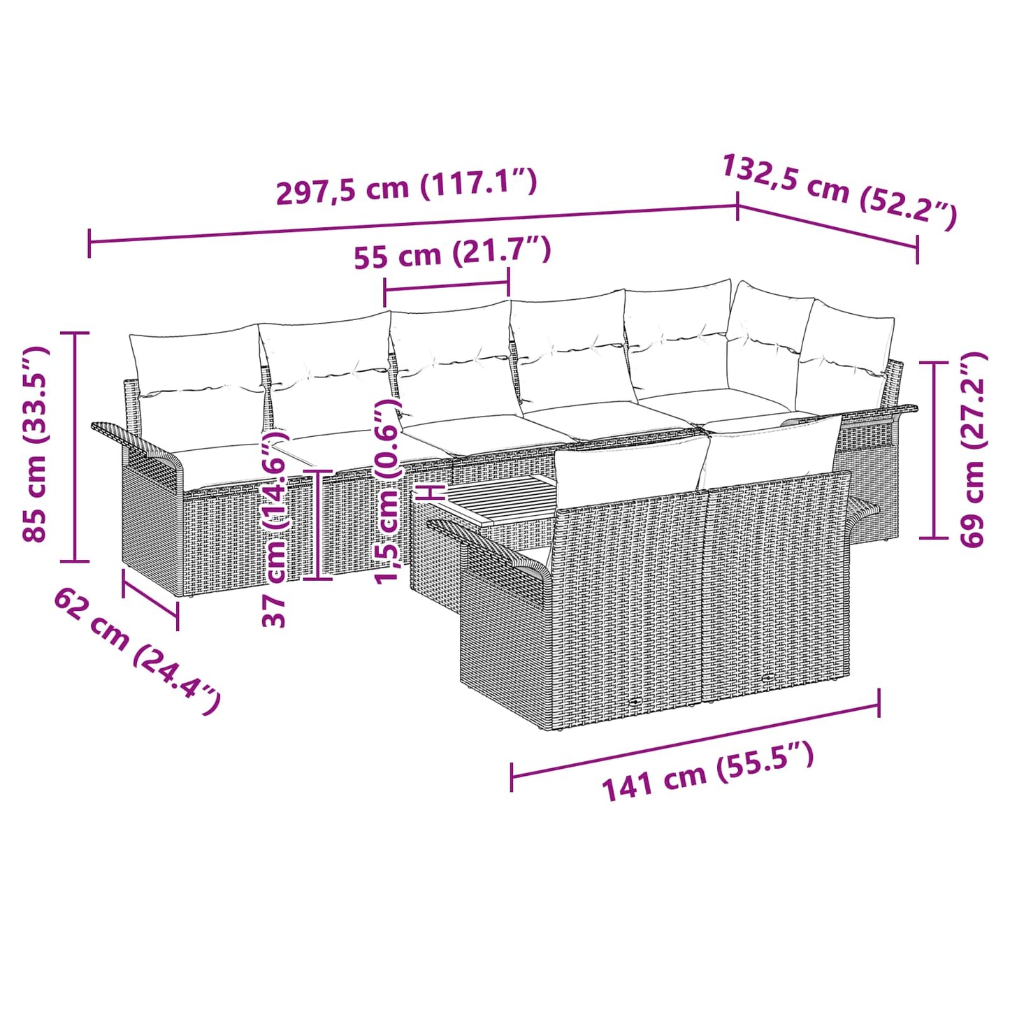 vidaXL Σετ Καναπέ Κήπου με μαξιλάρι 9 pcs Γκρι συνθετικό ρατάν