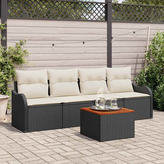 vidaXL 5 Piece Garden Sofa Set with Cushions Black Poly Rattan Acacia