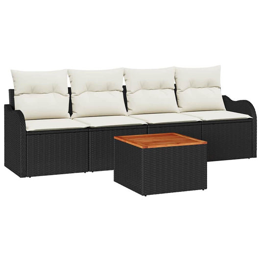 vidaXL 5 Piece Garden Sofa Set with Cushions Black Poly Rattan Acacia