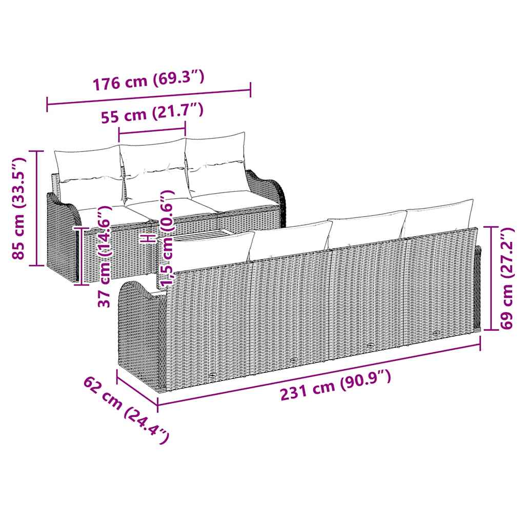 vidaXL Σετ Καναπέ Κήπου 8 pcs Μαύρο Πολυ ράταν