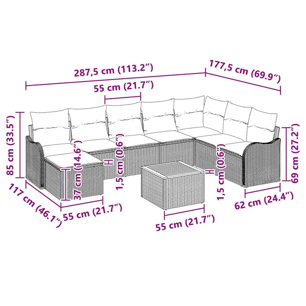 vidaXL Σετ Καναπέ Κήπου 9 pcs Γκρι Πολυ ράταν