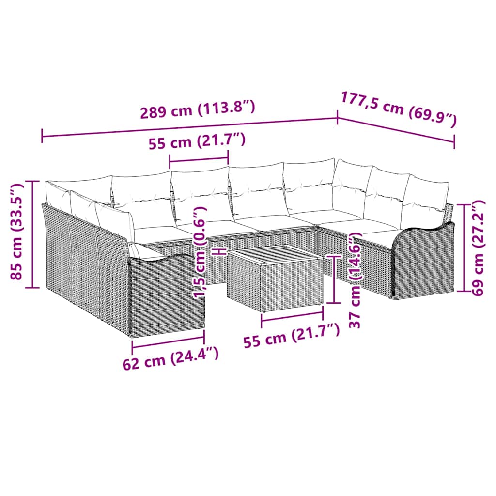 vidaXL Σετ Καναπέ Κήπου 10 pcs Μαύρο Πολυ ράταν